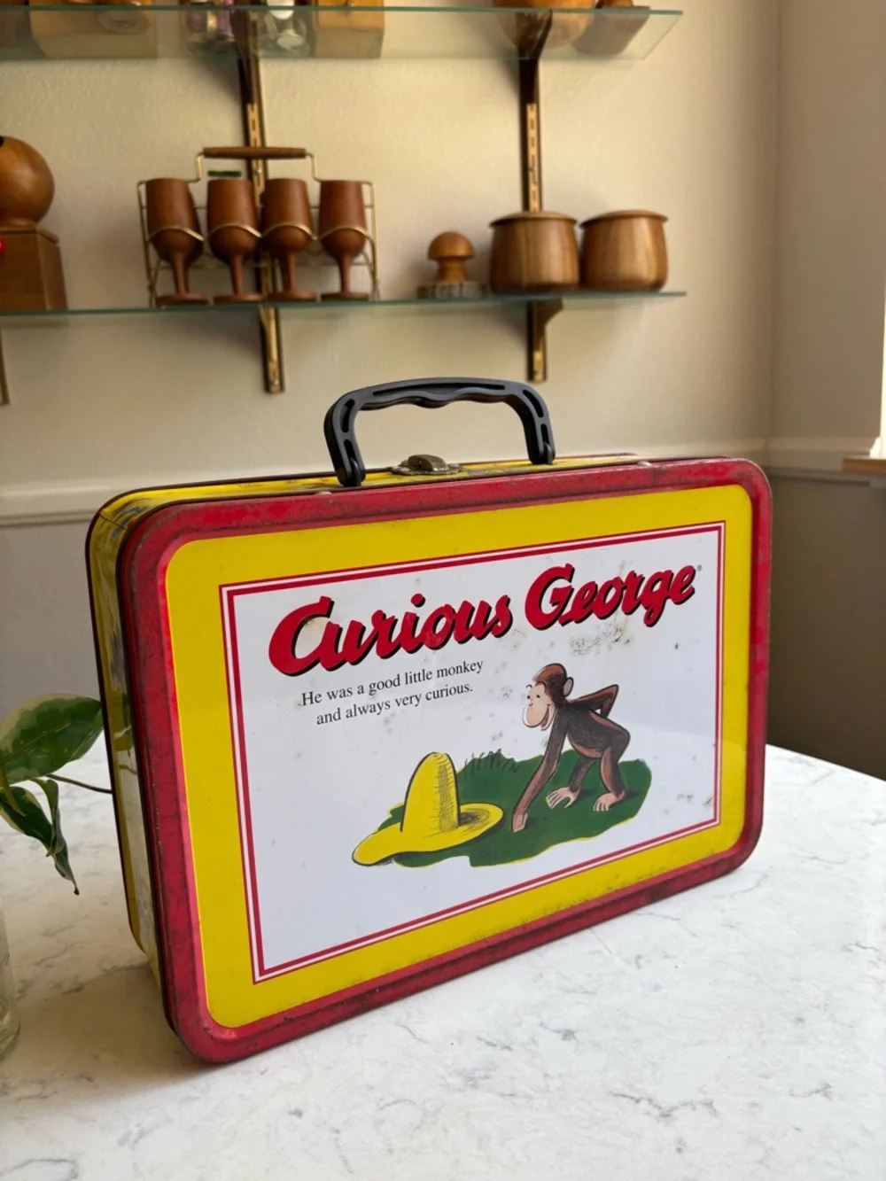 Vintage Curious George Yellow & Red Tin Lunchbox Large